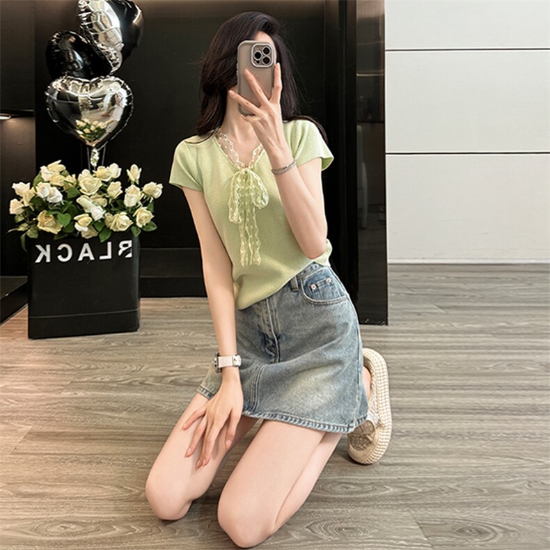 欧货潮流时尚套装女夏新款蕾丝拼接蝴蝶结针织衫牛仔短裙两件套,女装套装/套裙,江南