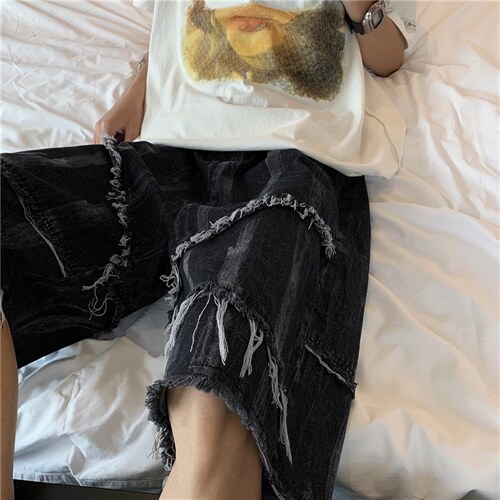 毛边暗黑乞丐五分裤宽松直筒潮流做旧猫须牛仔短裤男K3224-P38，男装牛仔裤，星座512-2