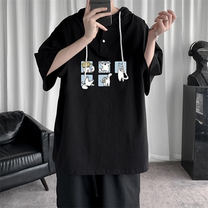 LD54097-P45 连帽短袖t恤男大码胖子带帽五分袖中袖图片