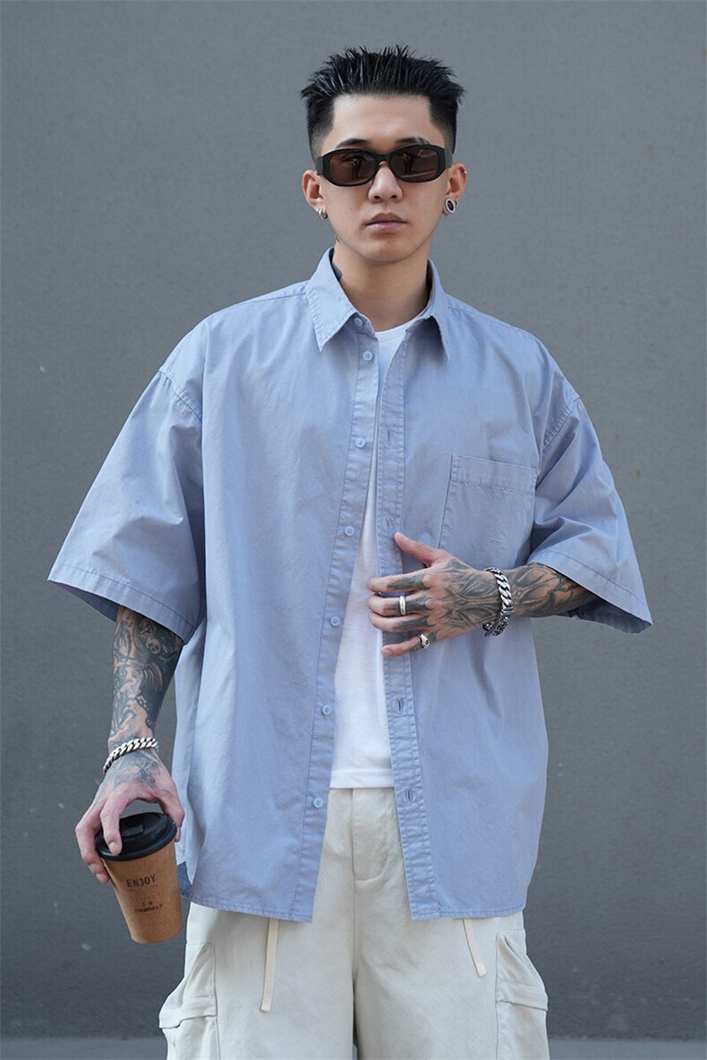 美式工装衬衫短袖夏季宽松纯棉脏染衬衣男A436-0628-P4569,男装衬衫,电商A436
