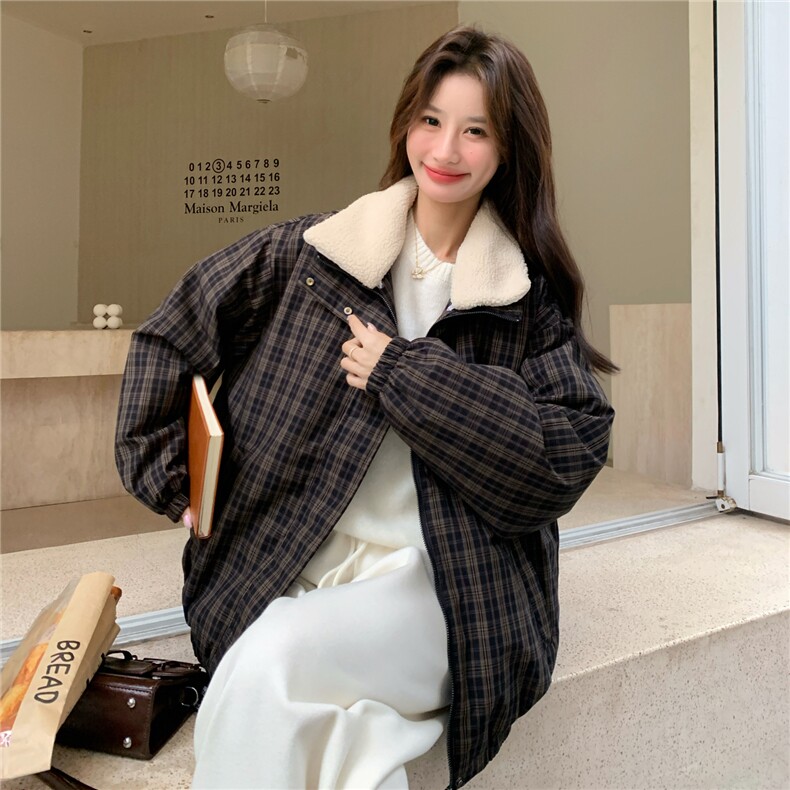 复古格子羊羔毛翻领羽绒服女2025冬季短款加厚面包服宽松保暖外套,女装羽绒服,艾米莉亚