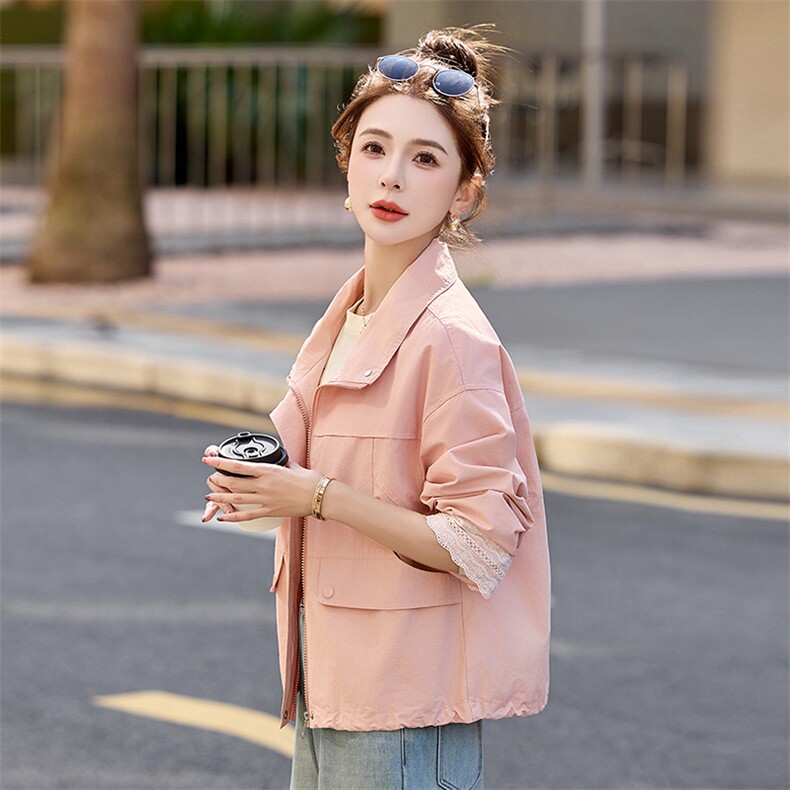 洋气粉色蕾丝拼接袖口翻领外套女2025春秋新款小个子百搭减龄上衣,女装短外套,悦祺