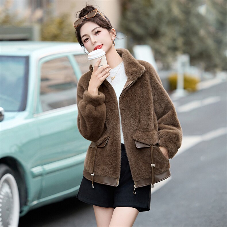 海宁皮草金貂绒立领短外套女2024新款韩版仿水貂毛皮毛一体大衣潮,女装皮草,美拉德工厂直营店