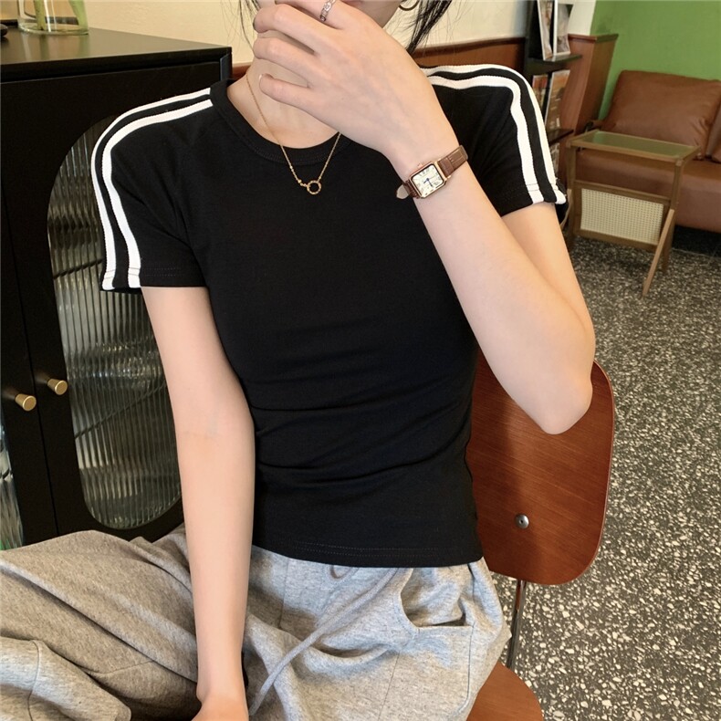 ZT5960-P38复古条纹撞色t恤女夏季辣妹圆领修身显瘦短袖上衣,女装T恤,电商B245