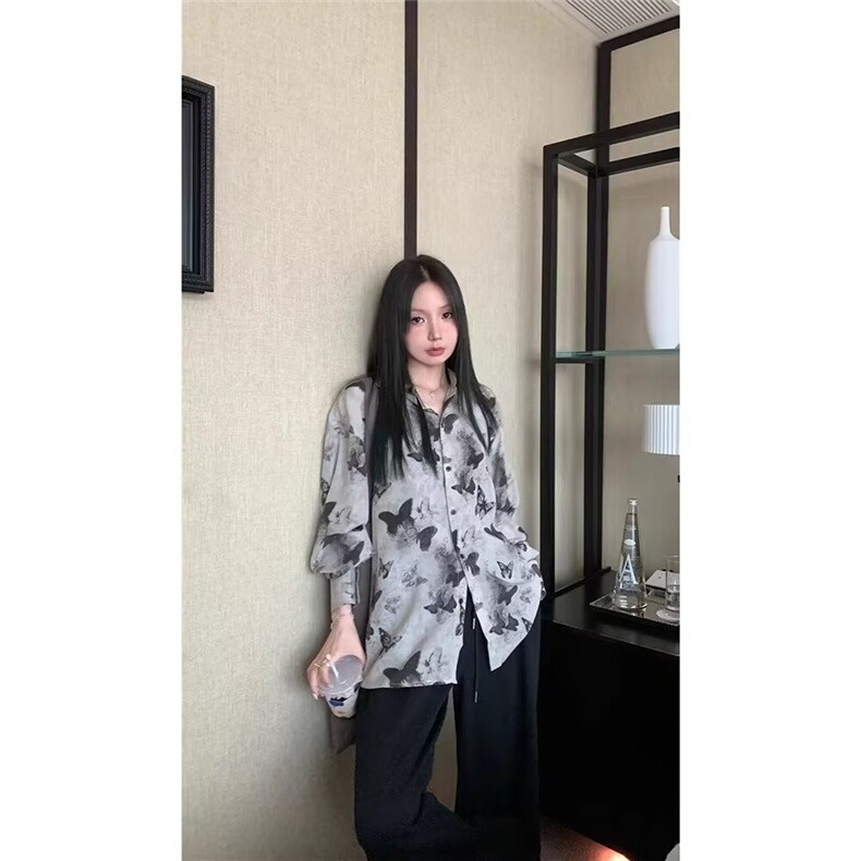 夏季男女长袖衬衫花蝴蝶扎染防晒设计感小众薄款开衫情侣外套上衣,男装防晒衣,星座1210-1