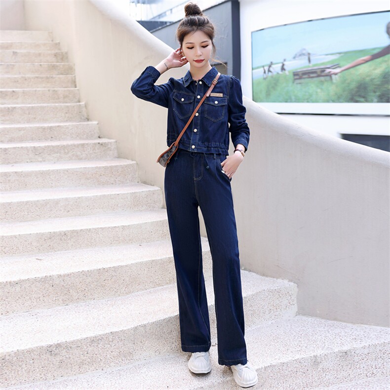 时髦减龄牛仔套装女2025春秋小个子时尚洋气显瘦外套阔腿裤两件套,女装套装/套裙,意芙