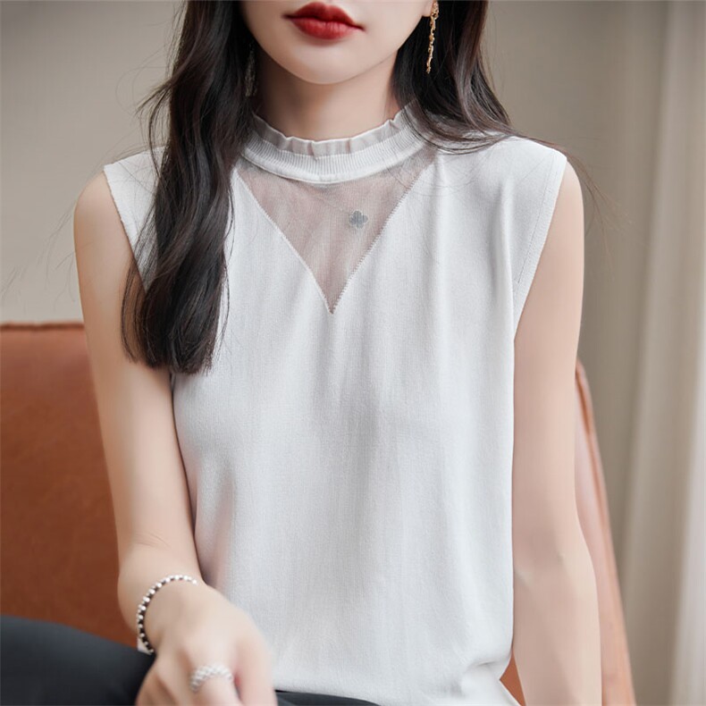 细腻质感蕾丝吊带背心女夏外穿显瘦荷领针织衫无袖内搭打底上衣,女装背心吊带,萱芳婷羊绒