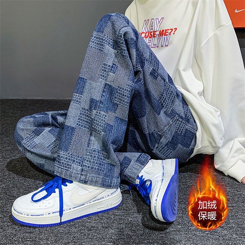 2023加绒加厚现货高街少年大码宽松直筒拖地裤K6960J-P65,男装牛仔裤,电商A042