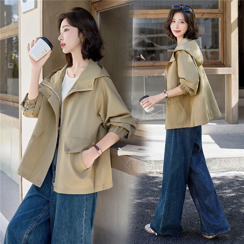 外套女短款宽松2025春秋新款中年妈妈风衣小个子大码连帽长袖上衣,女装短外套,依万里