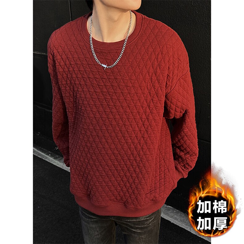 特批P35无差价冬新港风菱格夹棉保暖圆领卫衣内搭上衣W5092J加棉,男装卫衣,电商A001