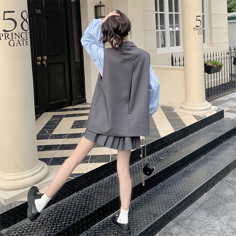 韩系设计感西装马甲套装裙女2025春新款独特漂亮衬衫百褶裙三件套,女装套装/套裙,2C176