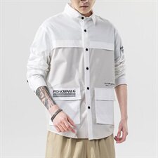 2021春季新款无影墙日系大码休闲工装男印花撞色拼接衬衫C550-P50，男装衬衫，电商A001