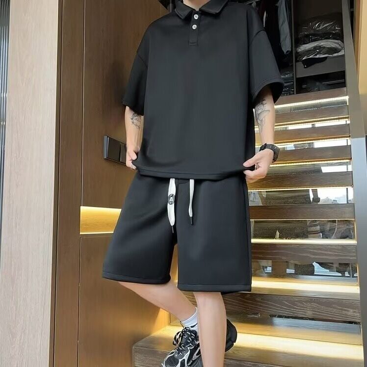 夏季短袖polo衫短裤套装潮牌百搭宽松情侣时尚翻领t恤帅气两件套,男装T恤,星座1210-1