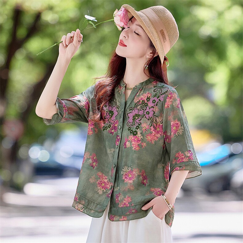 现货！夏季新款2025套装女简约时尚优雅气质天丝麻料印花刺绣上衣,女装衬衫,涵墨