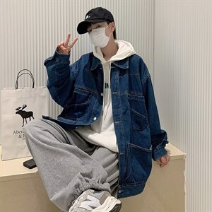 复古深蓝牛仔外套男宽松韩版春秋潮牌ins夹克牛仔衣秋装GW102P65图片