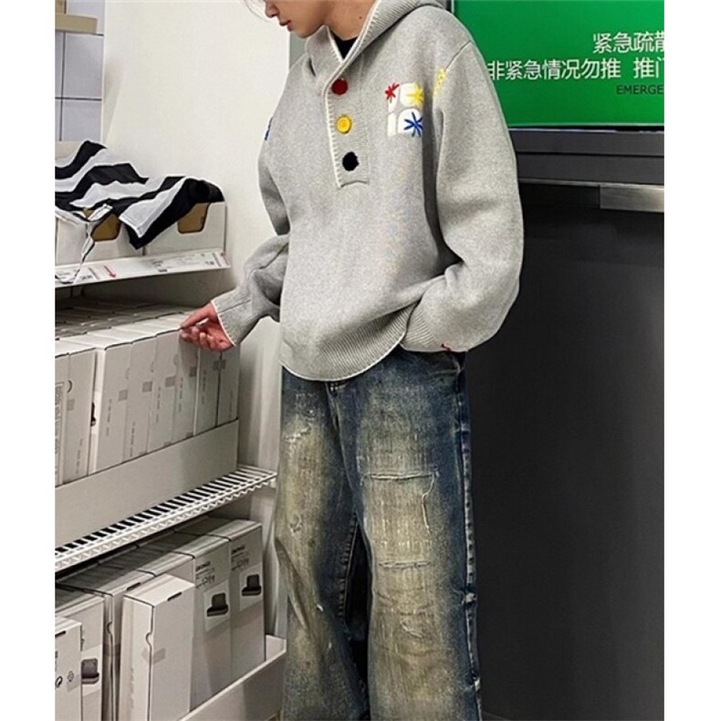 刺绣连帽毛衣男女款多巴胺彩色宽松针织衫慵懒风卫衣外套MY9601,男装针织衫/毛衣,星座1116A（原606A-3）