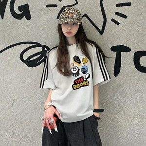抖音得物高品质二开240克宽松纯棉美式潮牌三条杠织带短袖T恤图片