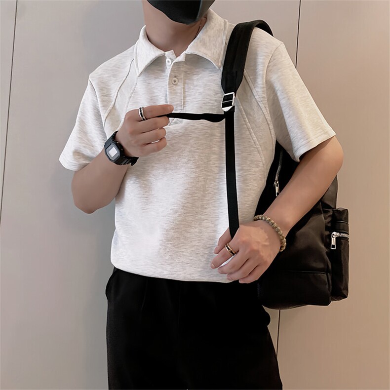8970/P58控78夏季小伙美式拼接设计感Polo衫T恤轻奢痞帅男白灰色1,男装T恤,星座305B
