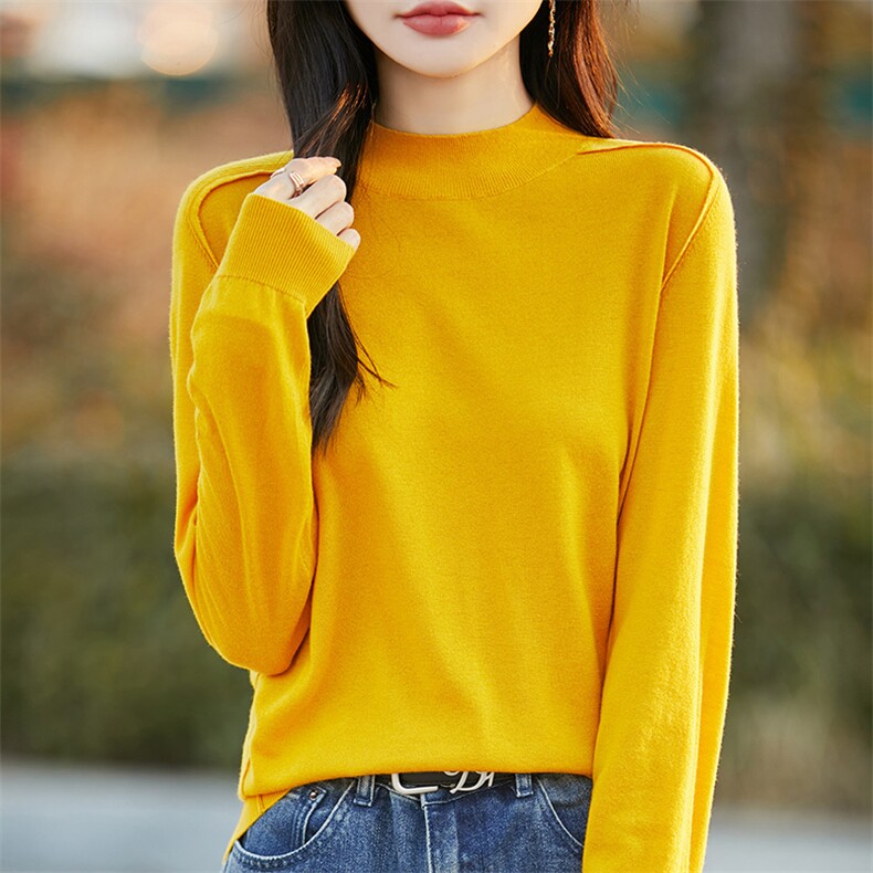 精纺细毛半高领针织打底衫女2025春秋新款显瘦洋气薄款内搭毛衣,女装羊毛衫,片语羊绒