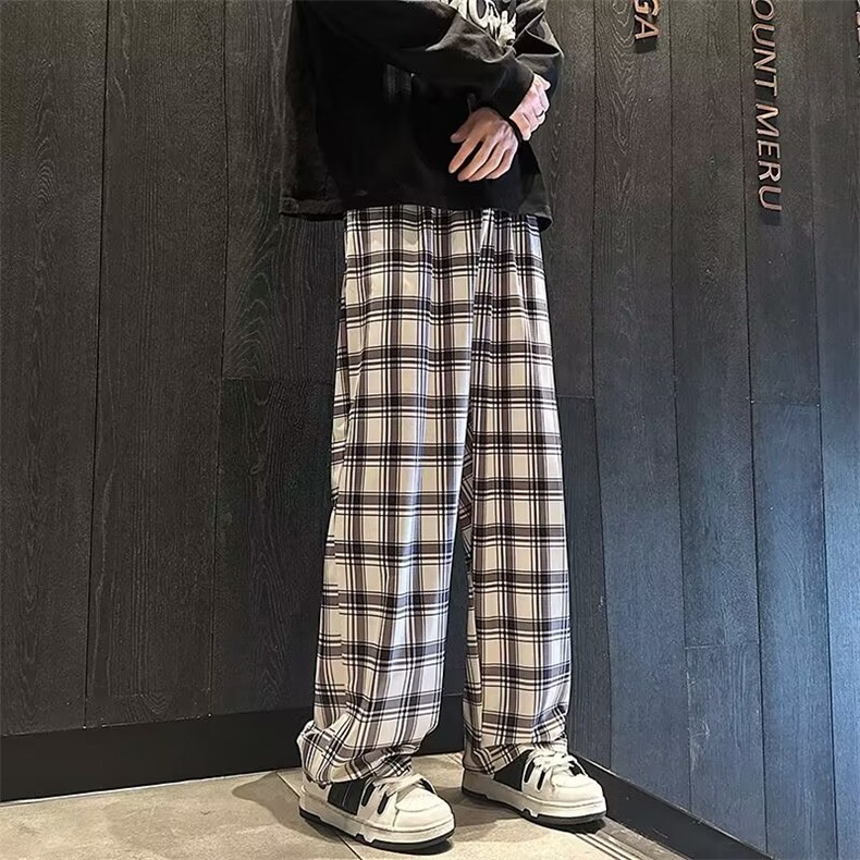 格子休闲裤男美式ins小众拼色高级感宽松直筒裤港风潮流百搭长裤,男装休闲裤,星座410-6（原星座1304-1）