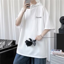 LD54098-P45连帽短袖t恤男大码胖子带帽五分袖中袖，男装T恤，电商A040