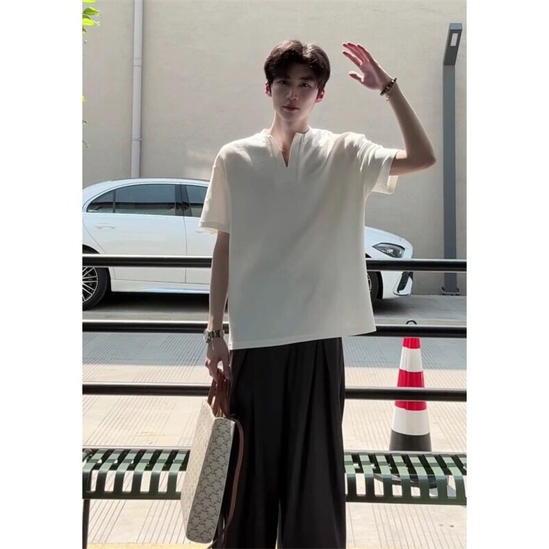 自制~高品质~亨利领短袖重磅宽松半袖上衣v领正肩t恤DX109特P25,男装T恤,星座908