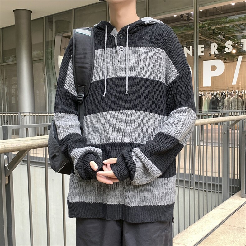 港风秋冬款男连帽毛衣条纹拼色手套款休闲打底外套M6005P55,男装针织衫/毛衣,星座1013-1