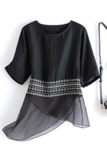 水衣源3307-1款天丝拼接网纱刺绣小衫（配吊带，90-160斤可穿），女装蕾丝衫/雪纺衫，水衣源