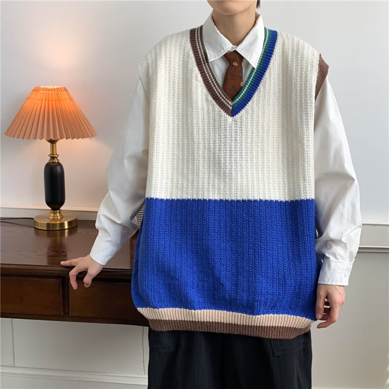 无袖v领针织背心男春秋款外穿马甲ins原宿风撞色日系情侣复古毛衣，男装背心/马甲，星座715-4