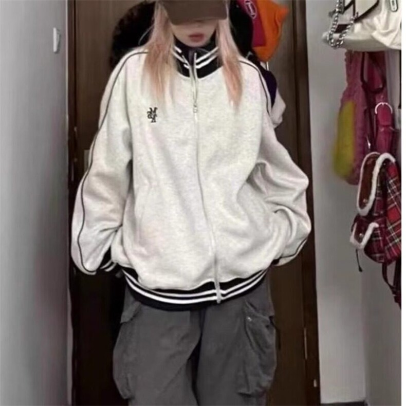 美式灰色立领拉链卫衣外套男女春秋季设计感宽松秋冬棒球服开衫,男装夹克,星座506A