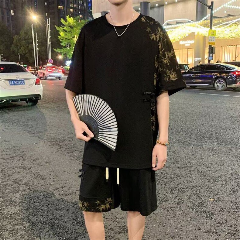 网络图现货风新中式潮流盘扣竹叶加肥加大印花套装J5009-P50,男装休闲套装,星座715-7