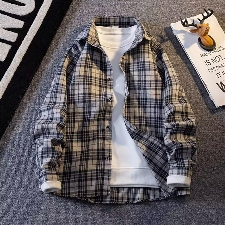 格子衬衫男士秋冬长袖韩版修身打底港风休闲情侣外套GZ819/P34，男装T恤，星座506B