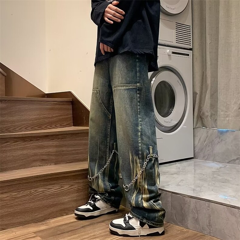 欧美hiphop裤子设计感高级感渐变扎染牛仔裤美式高街男挂链阔腿裤,男装牛仔裤,星座1210-1