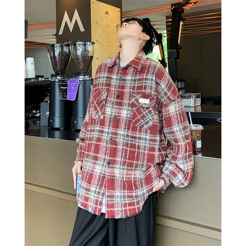 美式复古长袖衬衫男款春秋季新款情侣格子衬衣毛边设计感外套,男装衬衫,星座410-6（原星座1304-1）