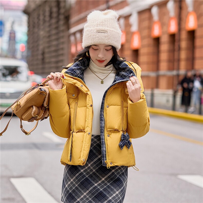 【bao款大货已出】2025冬装甜美学院风格纹撞色拼接蝴蝶结羽绒服,女装羽绒服,雅静靓衣