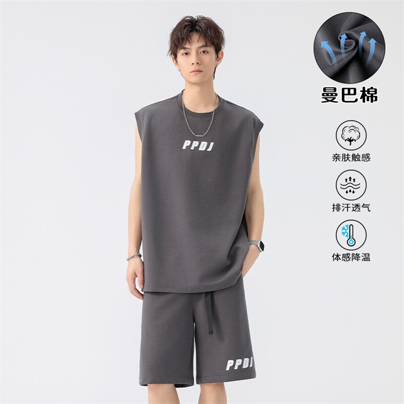 特批P65无差价夏季潮流曼巴棉无袖坎肩背心大码两件套装男TZ5356，男装休闲套装，电商A001-1
