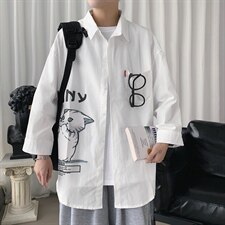 2021夏季新港风短句日系大码男猫咪印花宽松七分袖衬衫C3005-P45，男装衬衫，电商A001