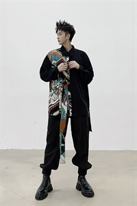 小众设计师款个性不规则印花系飘带衬衣男长袖 H1016 P65图片