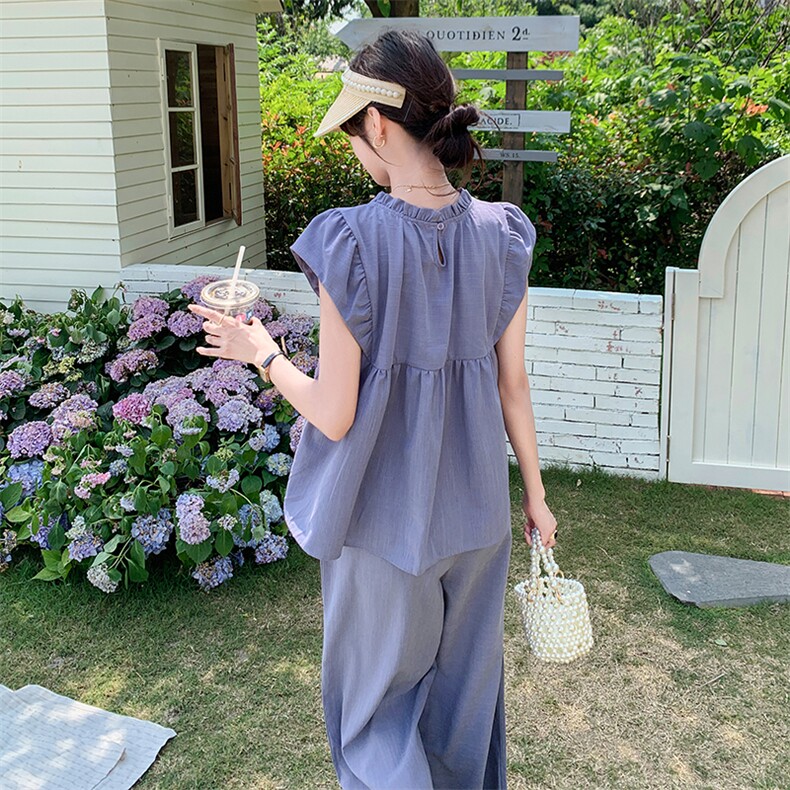 韩版俏皮减龄木耳边上衣套装女2025夏季新款宽松显瘦阔腿裤两件套,女装套装/套裙,维壹