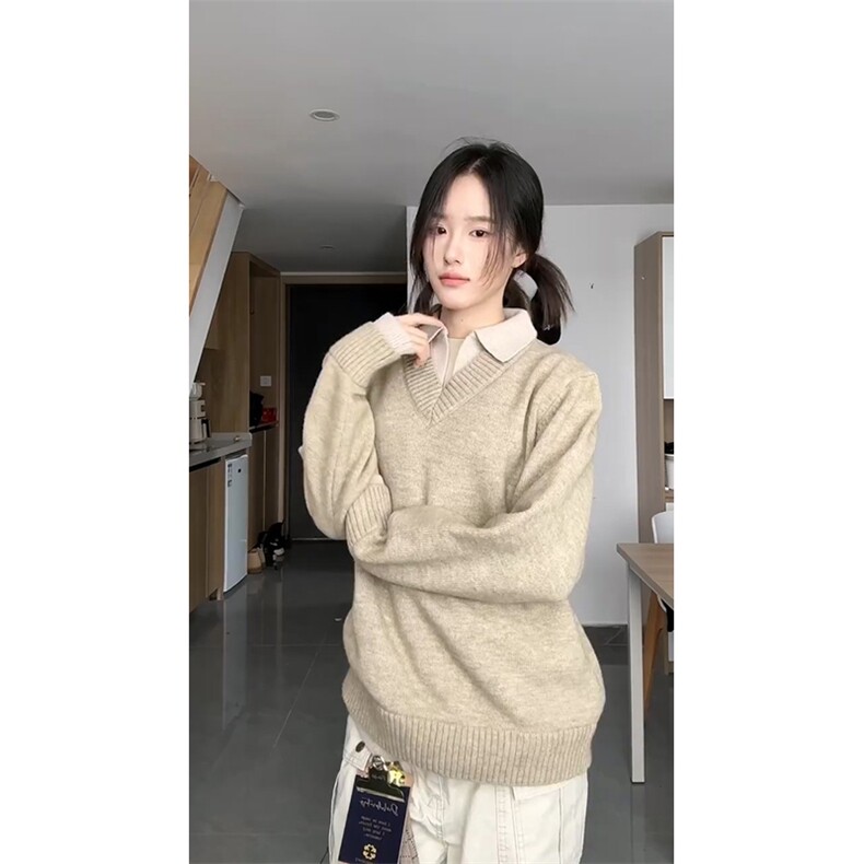 重磅北极绒假两件衬衫领毛衣美式高街复古休闲慵懒纯色翻领针织衫,男装针织衫/毛衣,电商A486