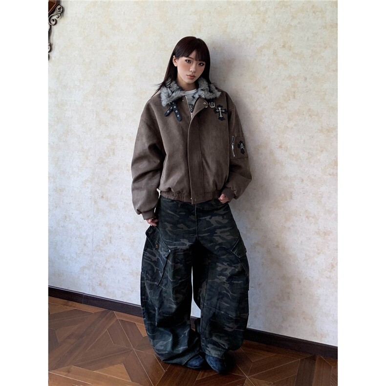 十字架麂皮绒毛领棉服秋冬座山雕飞行加厚宽松外套女TT5035P122,男装棉衣,星座1013-5