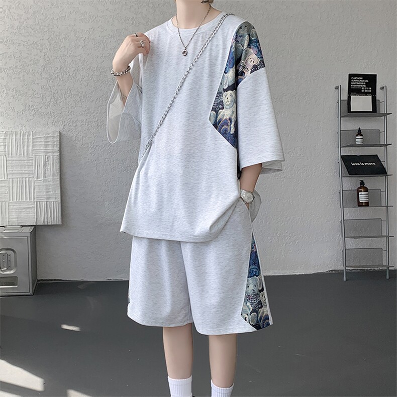 TZ792-特批50控98夏季冰丝潮流大码小熊撞色短袖短裤套装男,男装牛仔裤,电商A059