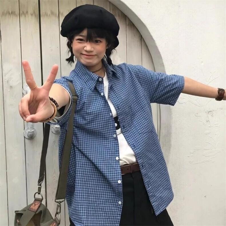 【现货】DB419-P37美式复古蓝色格子廓形短袖衬衫男夏季松弛感,男装T恤,星座603-2