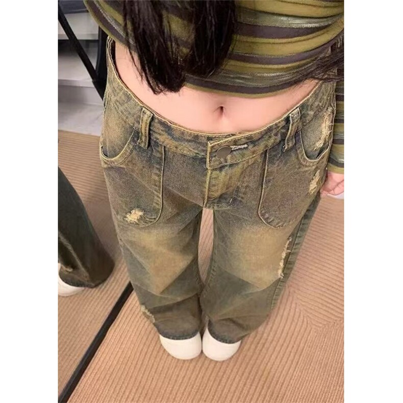 废土风脏色破洞牛仔裤女美式复古设计感百搭小众阔腿裤N163,男装牛仔裤,星座1116A（原606A-3）