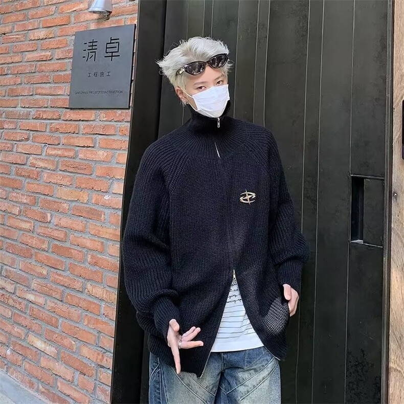 美式宽松百搭双拉链开衫毛衣外套男春秋慵懒风纯色针织衫M5696,男装针织衫/毛衣,星座1116A-1（原606A）