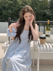 韩式海边度假蓝色吊带裙女2025年夏季新款百搭洋气休闲茶歇长裙潮，女装连衣裙，蝶眷