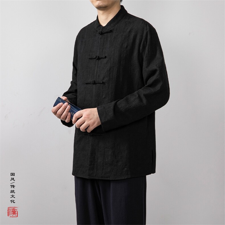 秋冬新款风男装棉麻提花立领盘扣新中式唐装衬衫C228P85,男装衬衫,钱塘802