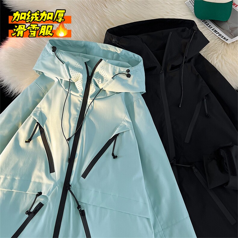冬新户外防水拉链魔术贴滑雪服男保暖加绒加厚情侣款外套M19-P180图片