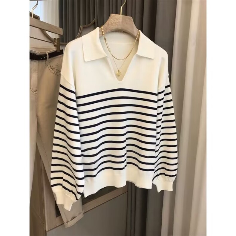 春秋新款polo领羊毛针织衫女宽松气质法式条纹毛衣V领学院小香风，女装针织衫/毛衣，昂家羊绒