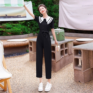 高腰垂感工装连体裤女2025年夏装新款时尚显瘦短袖西装阔腿连身裤图片